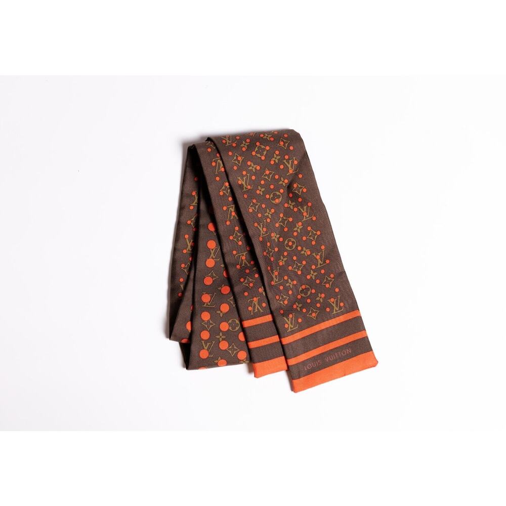 Louis Vuitton Vintage Brown Orange Polka Dot Silk Twill Logo Bandeau Scarf - Picture 3 of 5